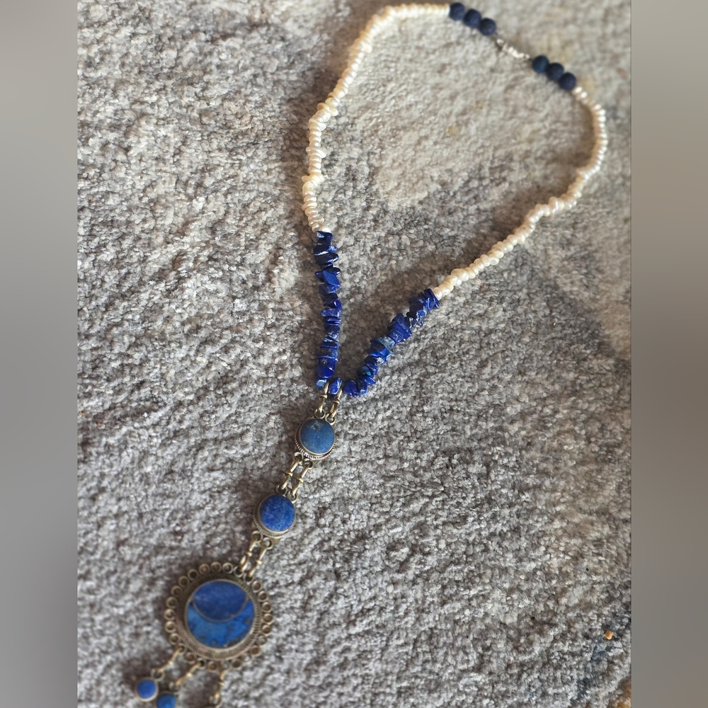 OOAK Custom Vtg Authentic Lazuli Pearl Repurposed 6 Pendant Necklace